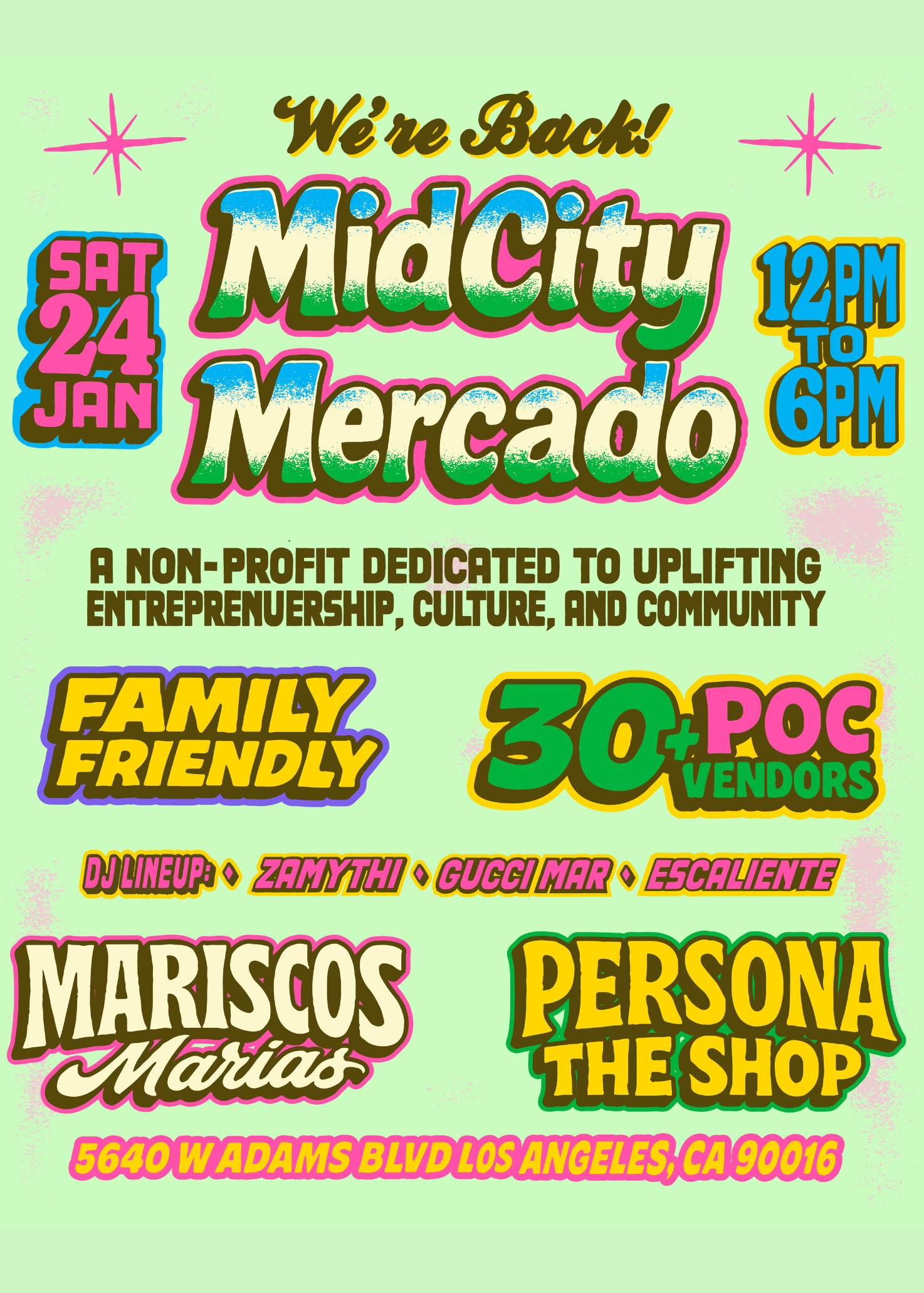 Promotional flyer for MidCity Mercado event with colorful text on a light green background